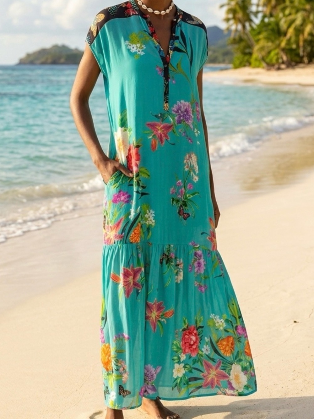 Johnny Was Women’s Colorful Turquoise Floral Rayon PANYA ALBA Small Maxi Dress